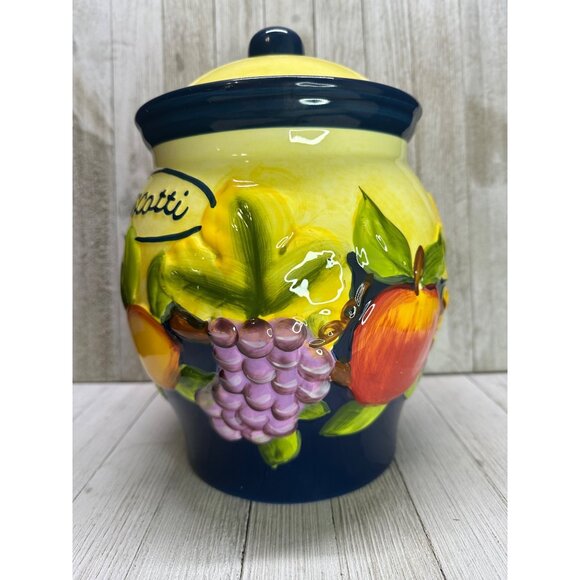 Vtg Nonni's Biscotti Painted Cookie Jar Canister Yellow Fruit Decor 10.5" Tall - Picture 5 of 13
